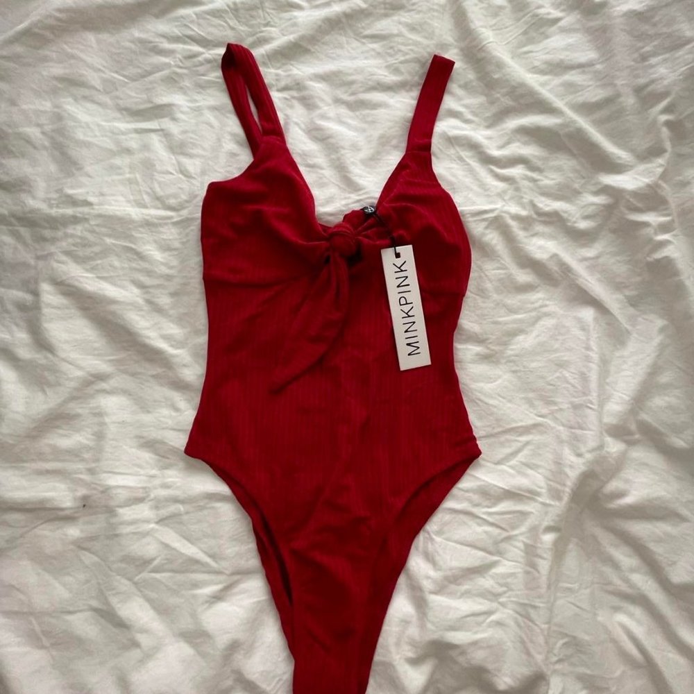 MINKPINK red bow tie bodysuit with button closure